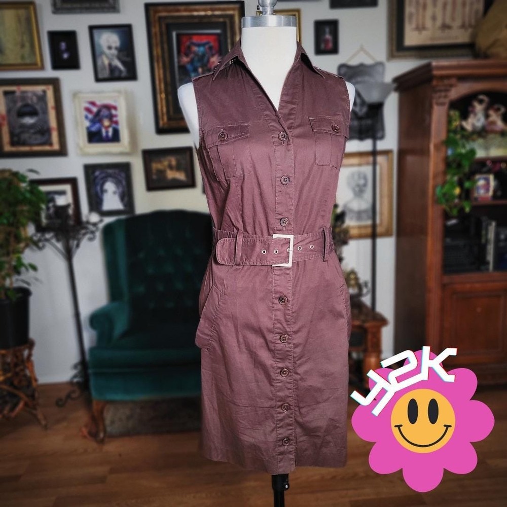 Sara Isabella Utility Dress Vintage Y2K Brown Sleeveless Belted‎ Button Front